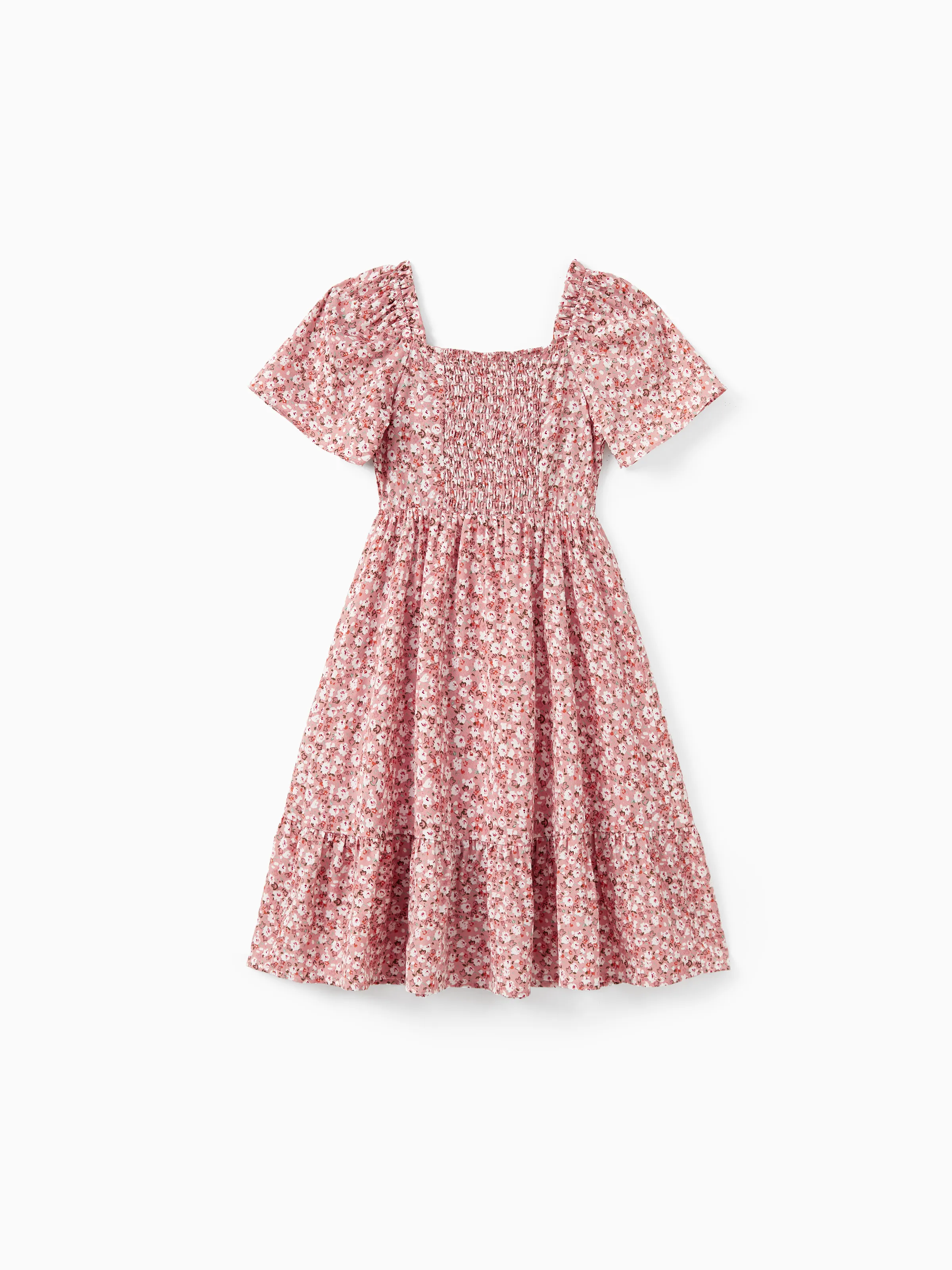 Toddler/Kid Girl Cotton Flora Print Smocking Puff-sleeve Dress Pink - Image 3