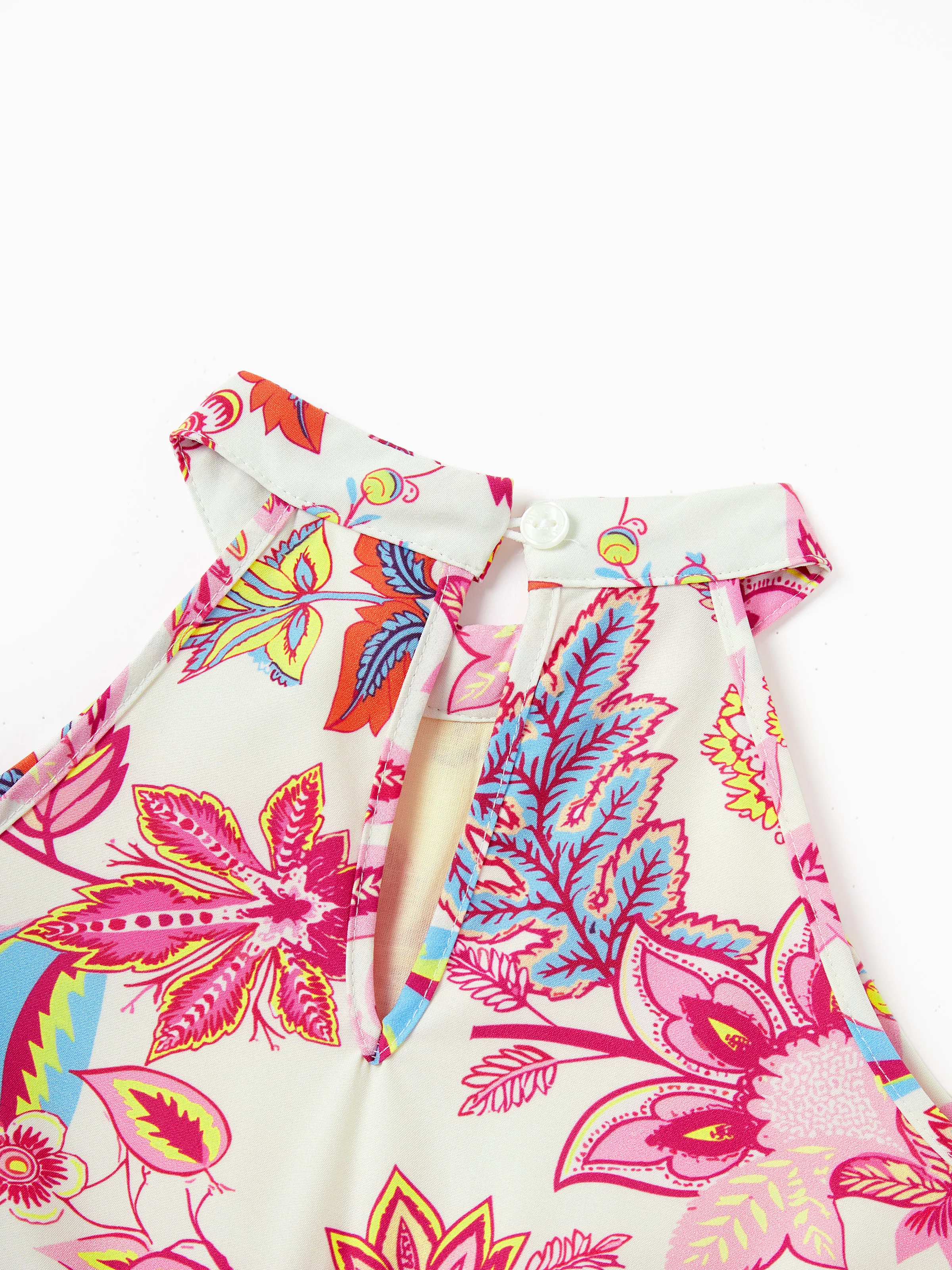 Toddler/Kid Girl Tropical Flora Print Halter Belted Dress for Summer Vacation Beige - Image 5