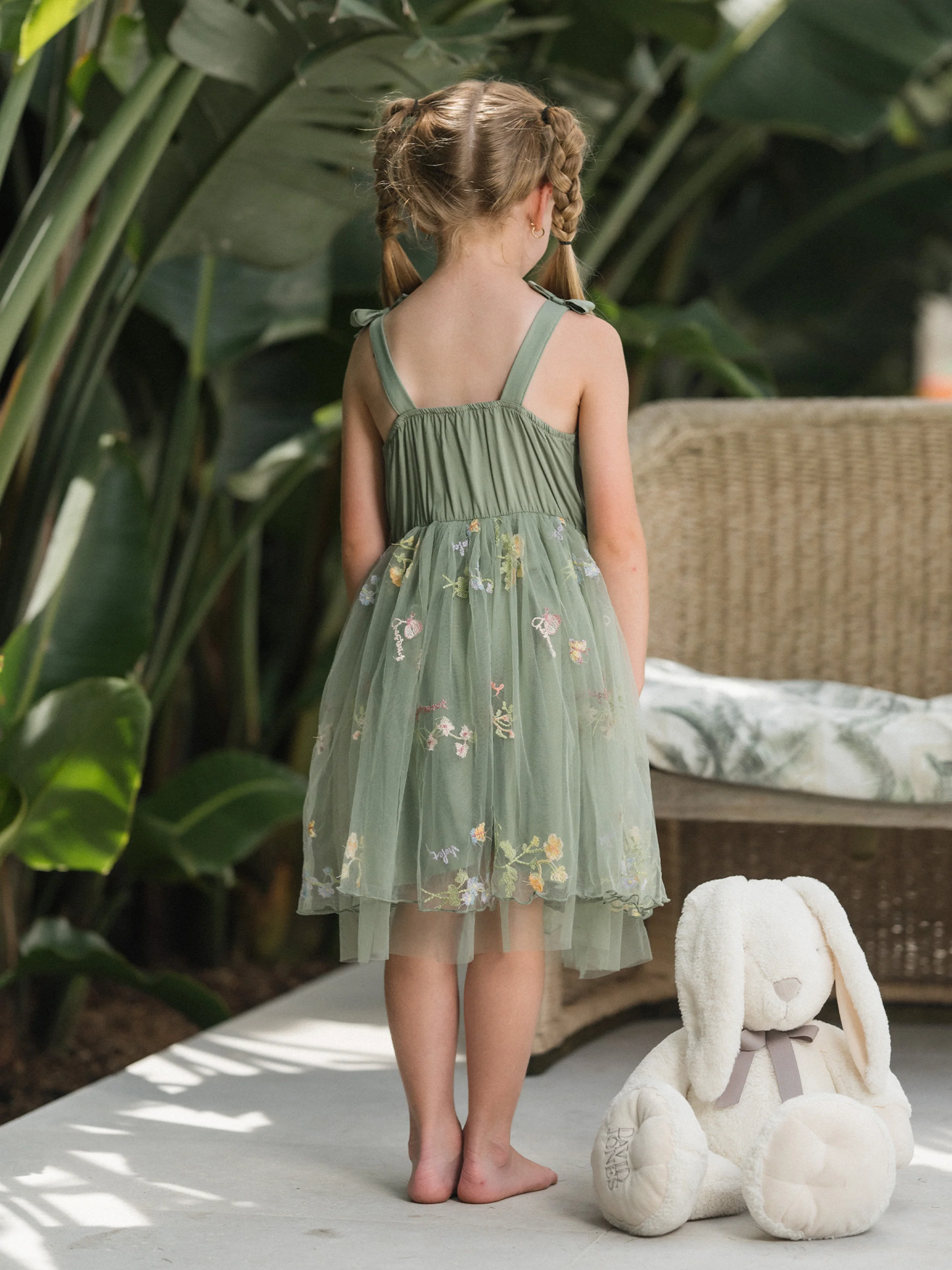 Toddler/Kid Girl Flower  Embroidered  V-neck Strappy Mesh Dress  Green - Image 4