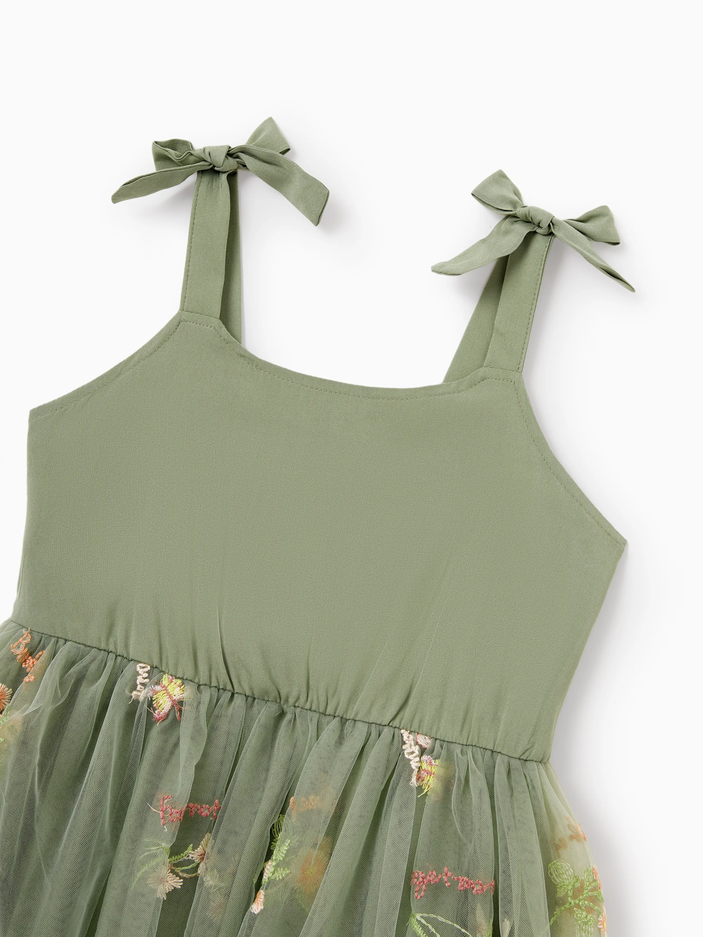 Toddler/Kid Girl Flower  Embroidered  V-neck Strappy Mesh Dress  Green - Image 6