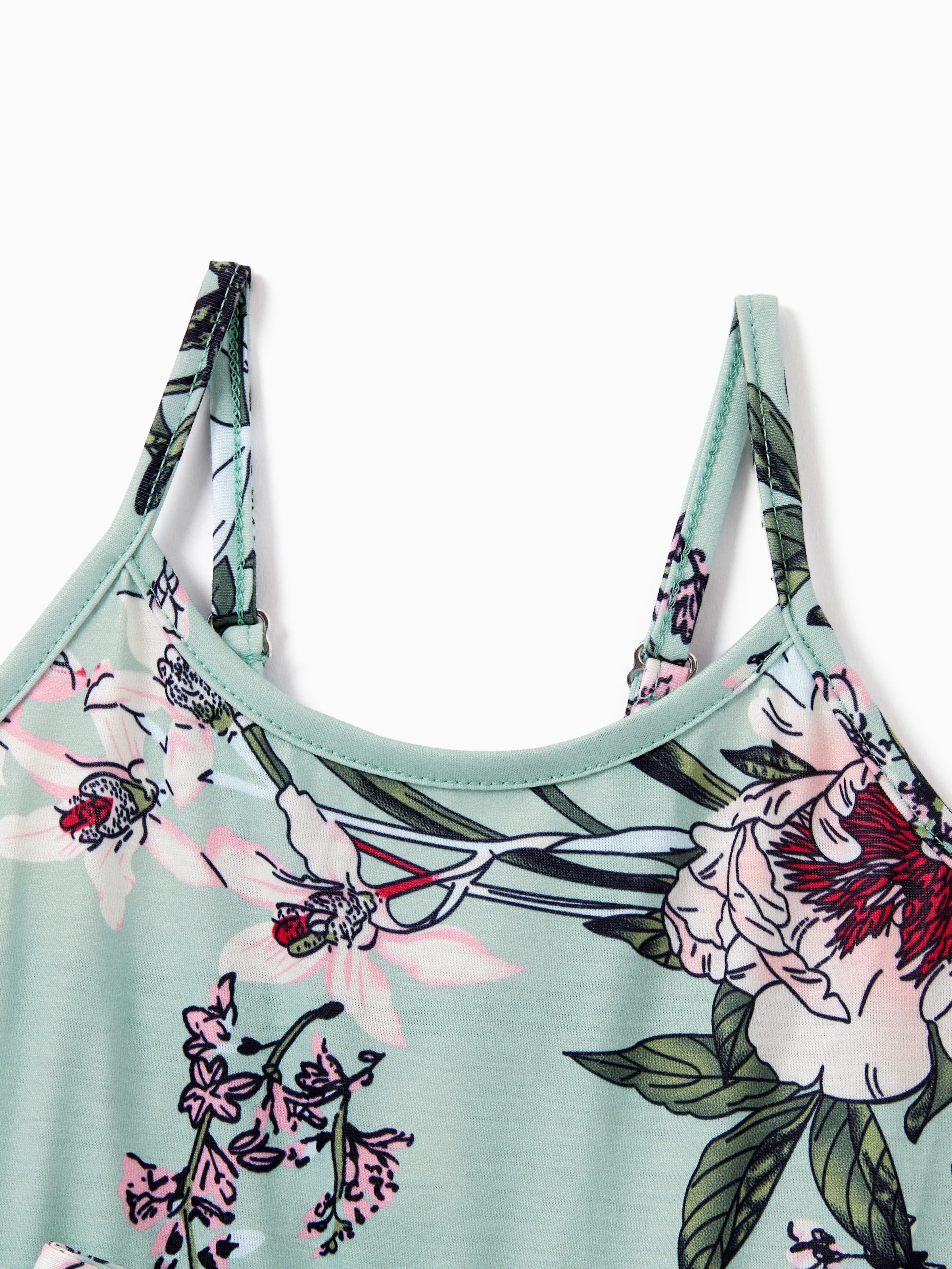 Toddler/Kid Girl Sets Flora Print Strap Belted Dress Light Green - Image 4