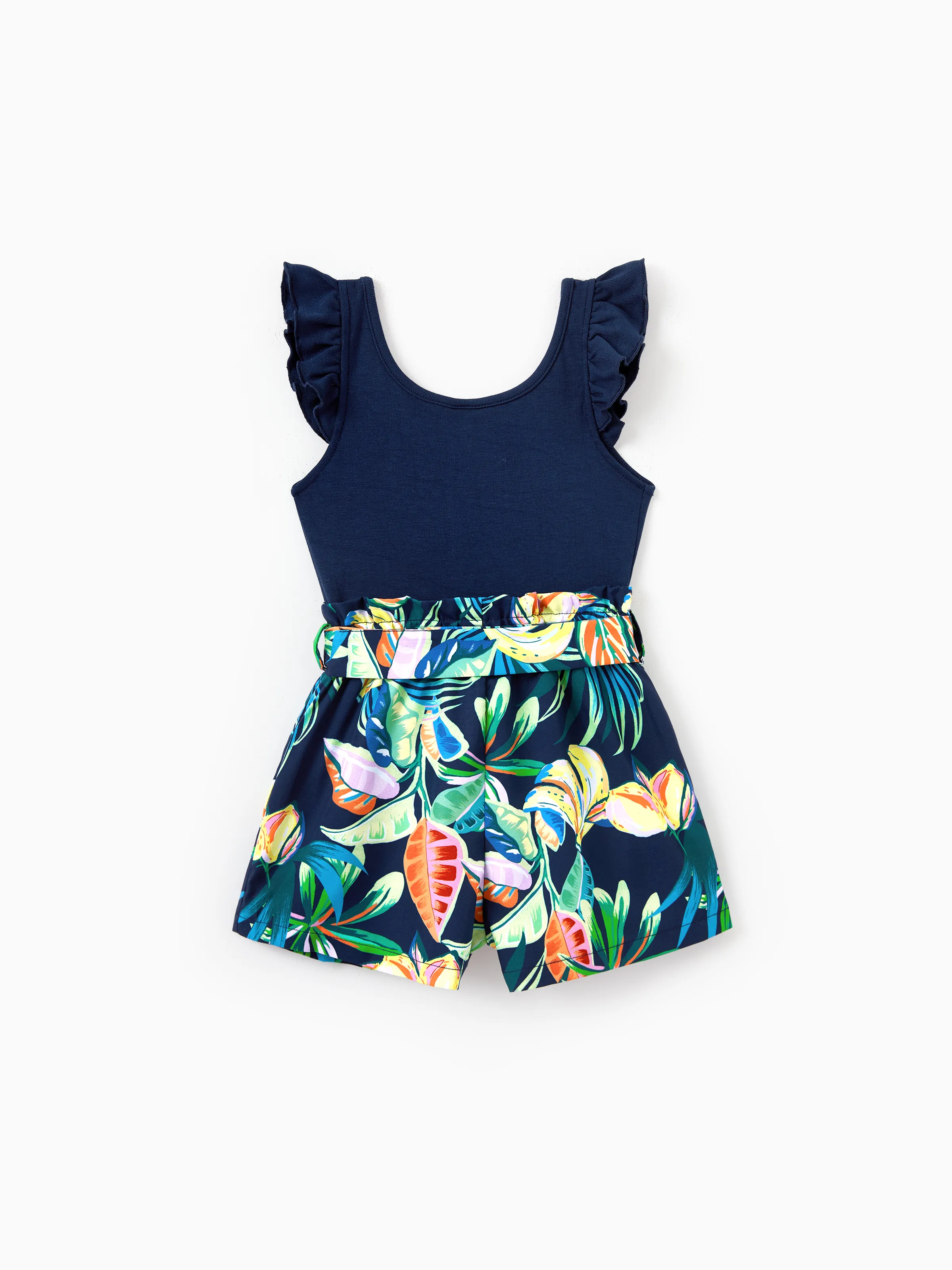 Toddler/Kid Girl Tropical Leaves Print Sleeveless Rompers with Belted Shorts  Deep Blue - Image 3