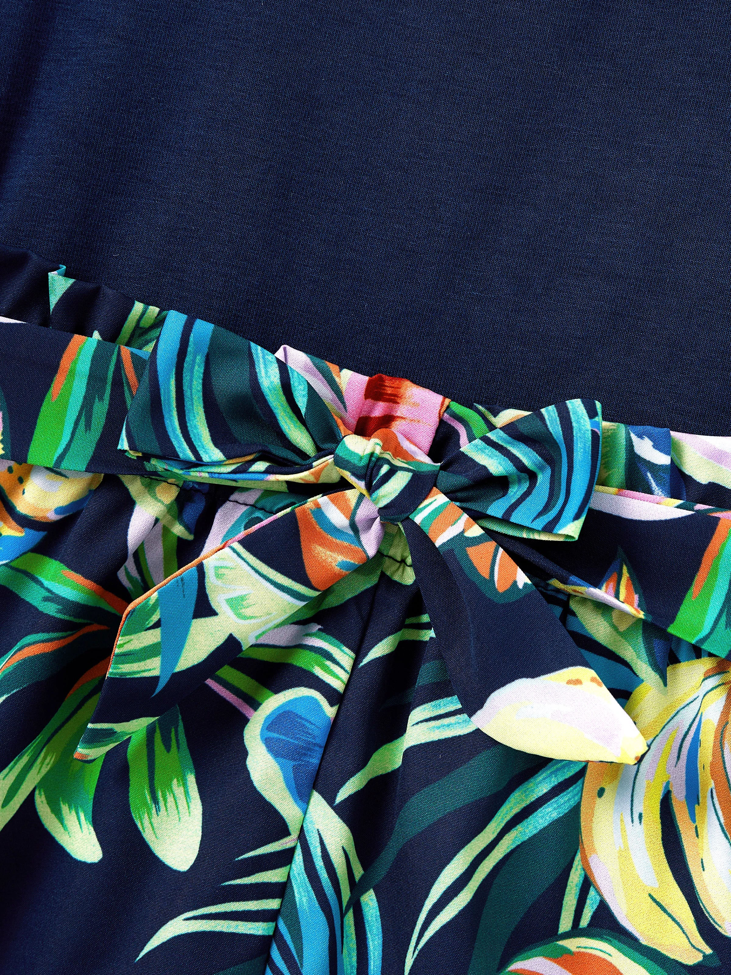 Toddler/Kid Girl Tropical Leaves Print Sleeveless Rompers with Belted Shorts  Deep Blue - Image 4