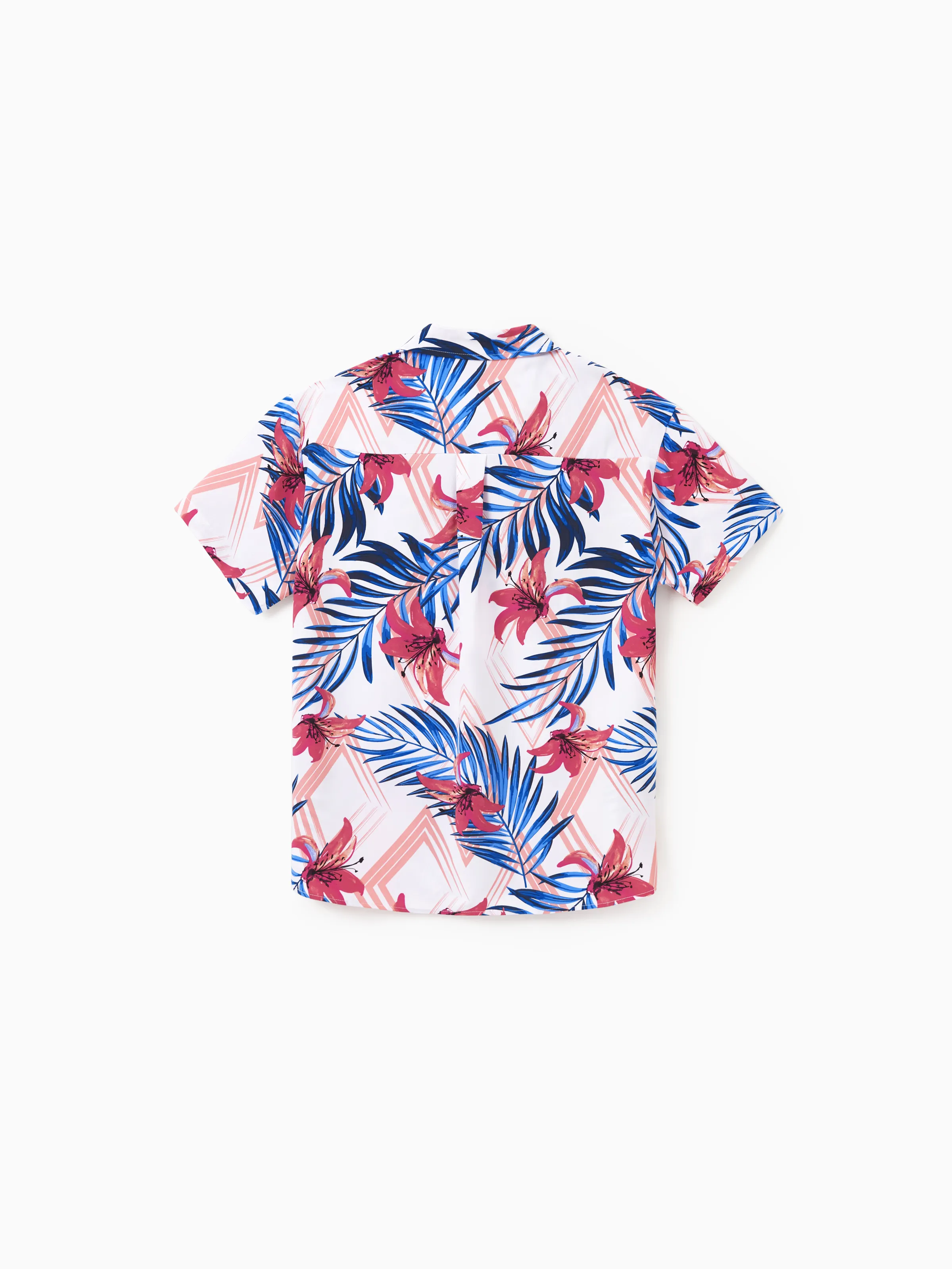 Daddy & Daughter Tropical Floral Outfits Pink Blue Leaf Print Short-sleeve Shirt or One Shoulder Smocked top and Skirt Co-ord Set for Vacation, Cruise, Beach White - Image 4