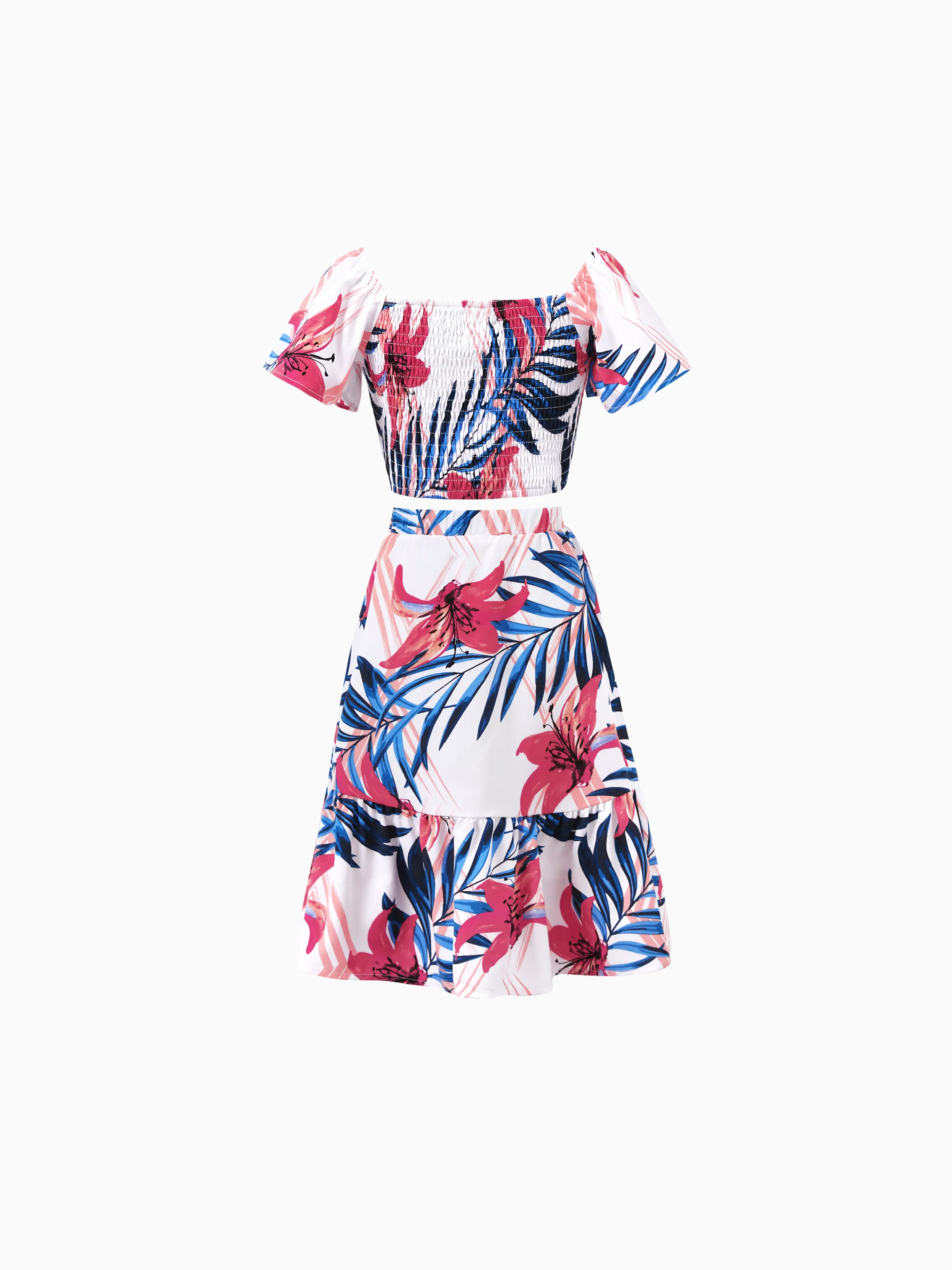 Daddy & Daughter Tropical Floral Outfits Pink Blue Leaf Print Short-sleeve Shirt or One Shoulder Smocked top and Skirt Co-ord Set for Vacation, Cruise, Beach White - Image 9
