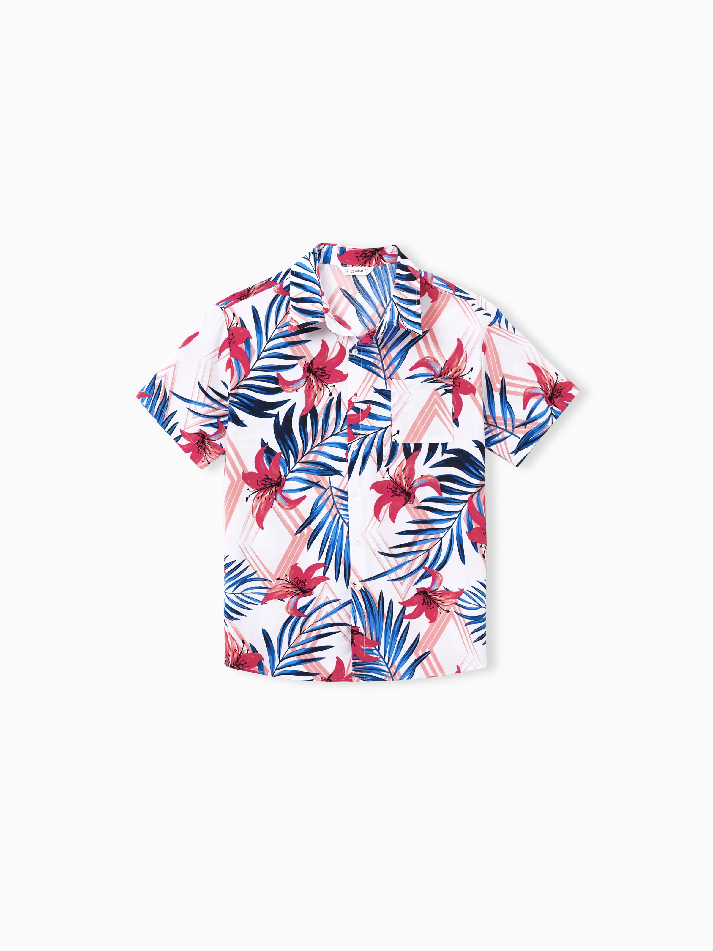 Daddy & Son Tropical Floral Outfits Pink Blue Leaf Print Short-sleeve Shirt Set for Vacation, Cruise, Beach White - Image 3