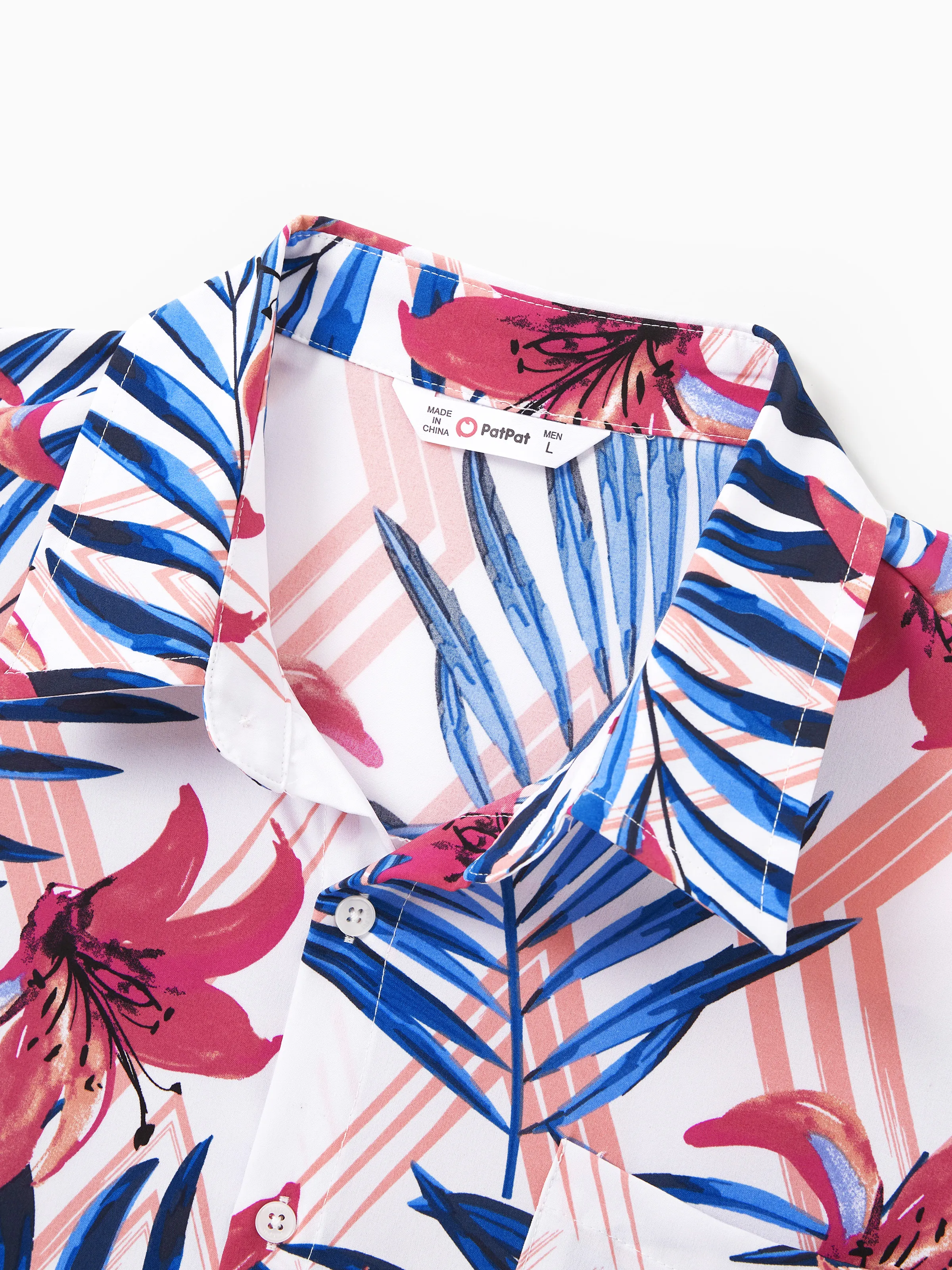 Daddy & Son Tropical Floral Outfits Pink Blue Leaf Print Short-sleeve Shirt Set for Vacation, Cruise, Beach White - Image 5