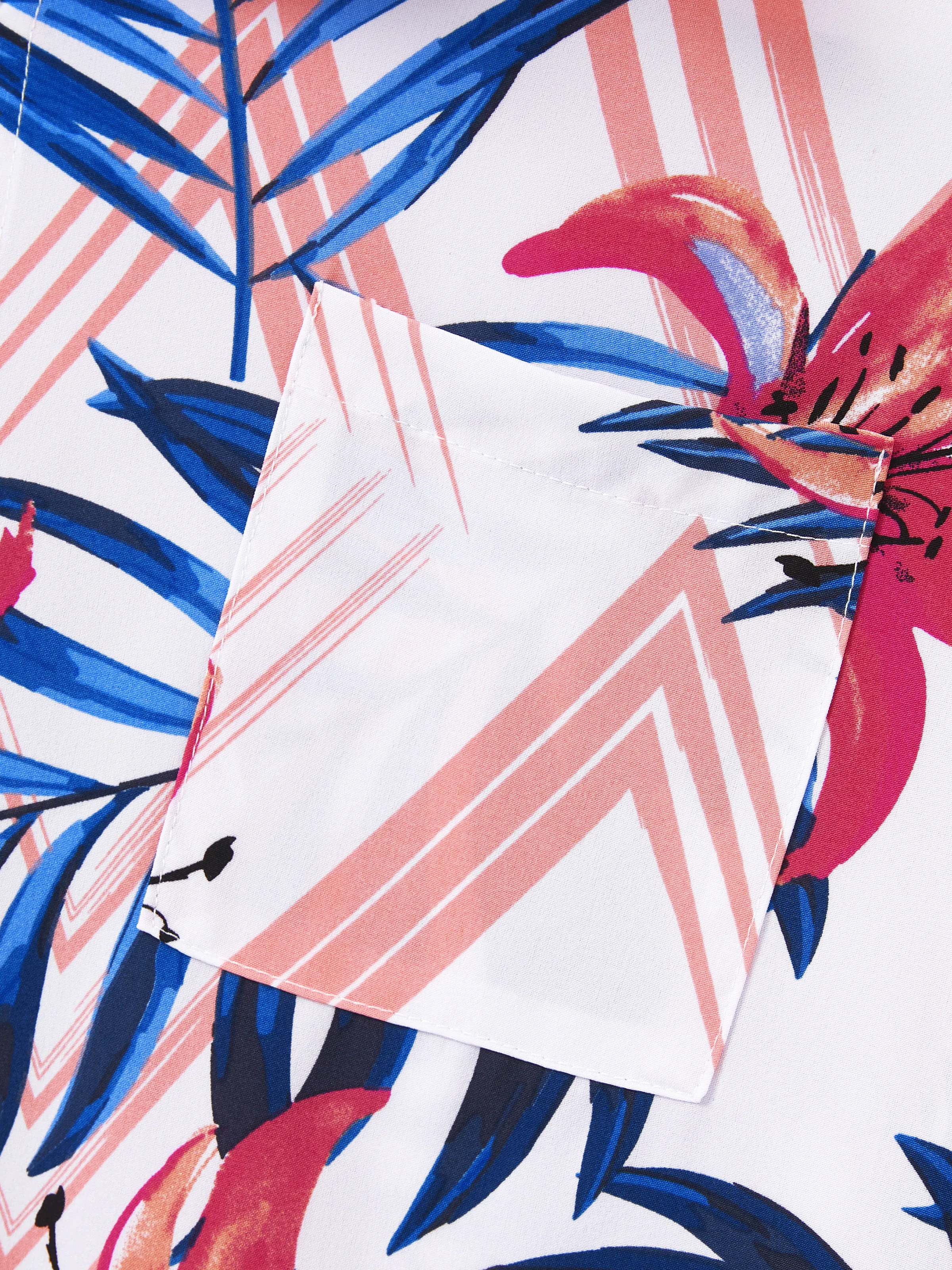 Daddy & Son Tropical Floral Outfits Pink Blue Leaf Print Short-sleeve Shirt Set for Vacation, Cruise, Beach White - Image 6