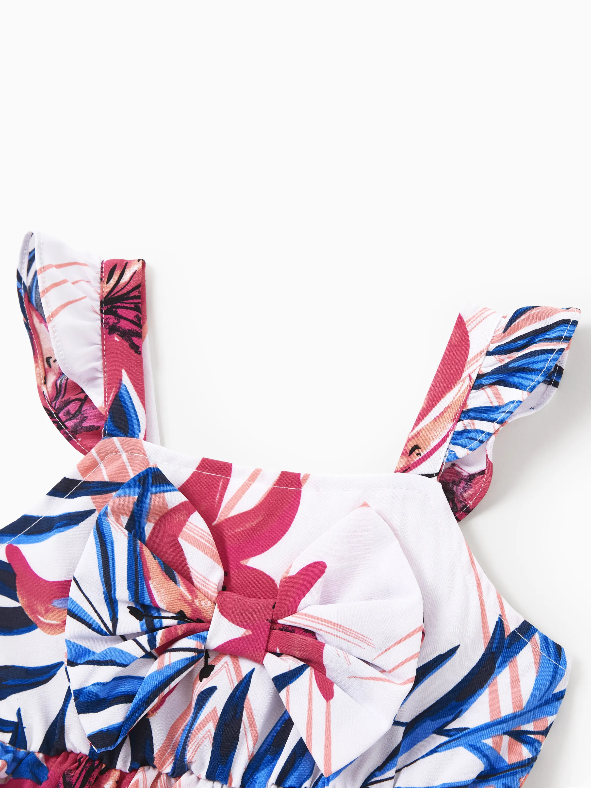 Tropical Floral Family Matching Outfits Pink Blue Leaf Print Short-sleeve Shirt or One Shoulder Smocked top and Skirt Co-ord Set for Vacation, Cruise, Beach White - Image 16