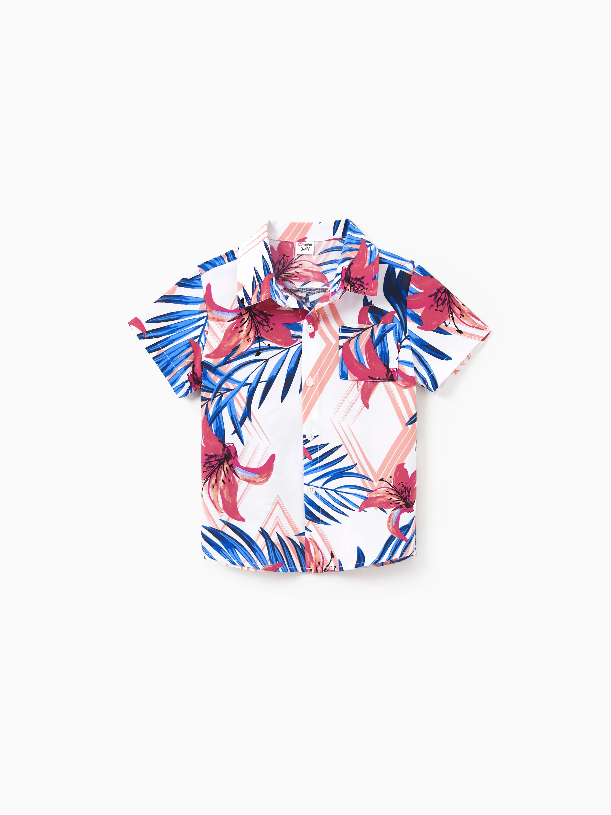 Tropical Floral Family Matching Outfits Pink Blue Leaf Print Short-sleeve Shirt or One Shoulder Smocked top and Skirt Co-ord Set for Vacation, Cruise, Beach White - Image 17