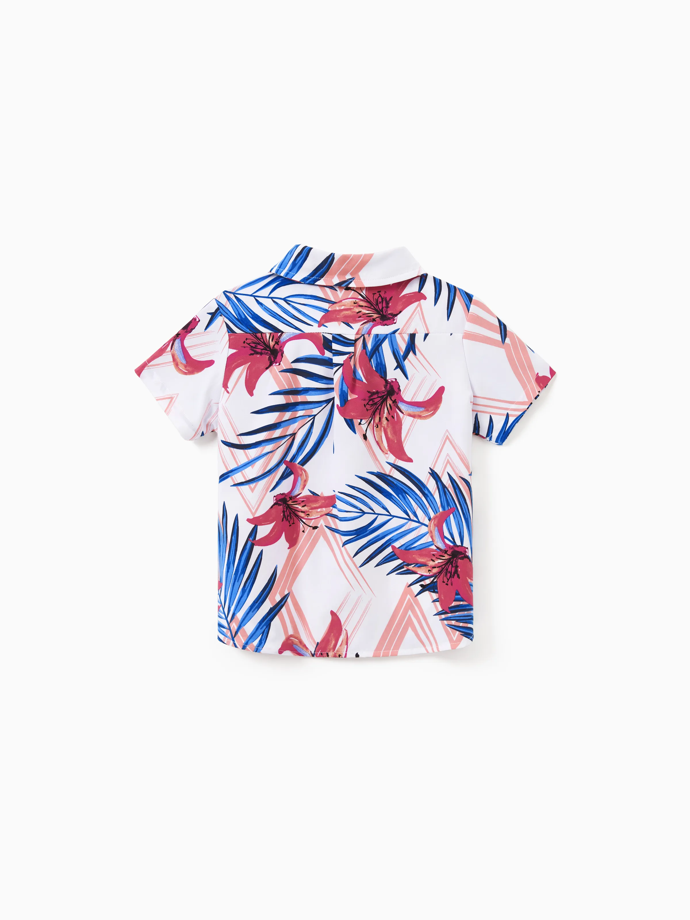 Tropical Floral Family Matching Outfits Pink Blue Leaf Print Short-sleeve Shirt or One Shoulder Smocked top and Skirt Co-ord Set for Vacation, Cruise, Beach White - Image 18