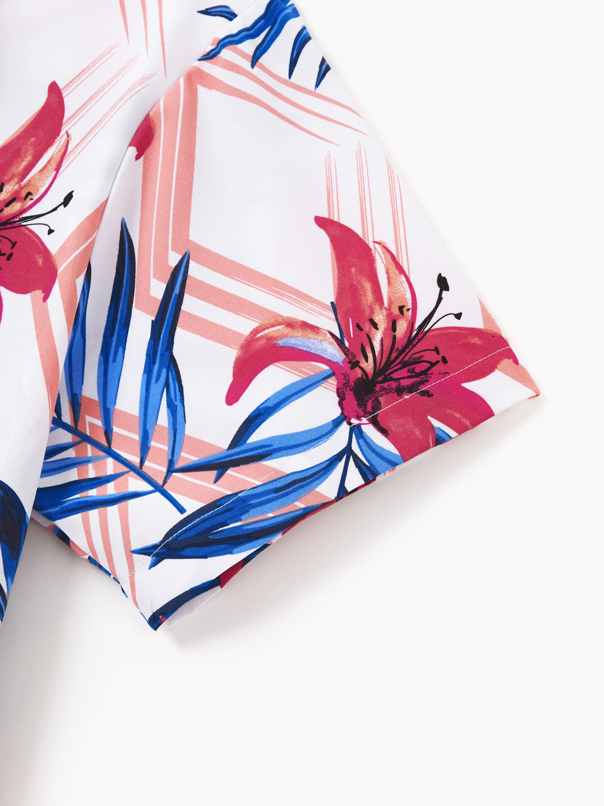 Tropical Floral Family Matching Outfits Pink Blue Leaf Print Short-sleeve Shirt or One Shoulder Smocked top and Skirt Co-ord Set for Vacation, Cruise, Beach White - Image 25
