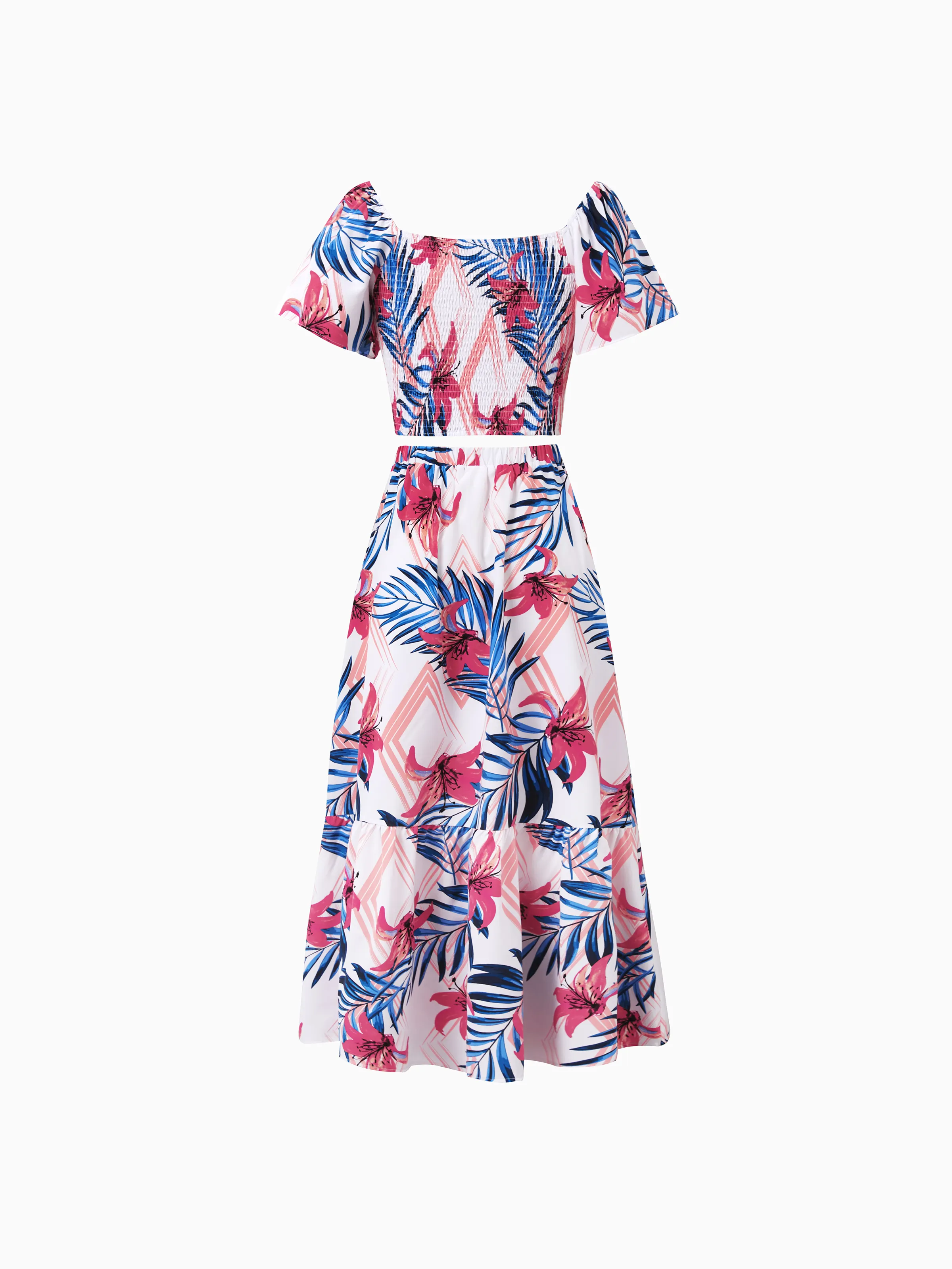 Tropical Floral Family Matching Outfits Pink Blue Leaf Print Short-sleeve Shirt or One Shoulder Smocked top and Skirt Co-ord Set for Vacation, Cruise, Beach White - Image 3