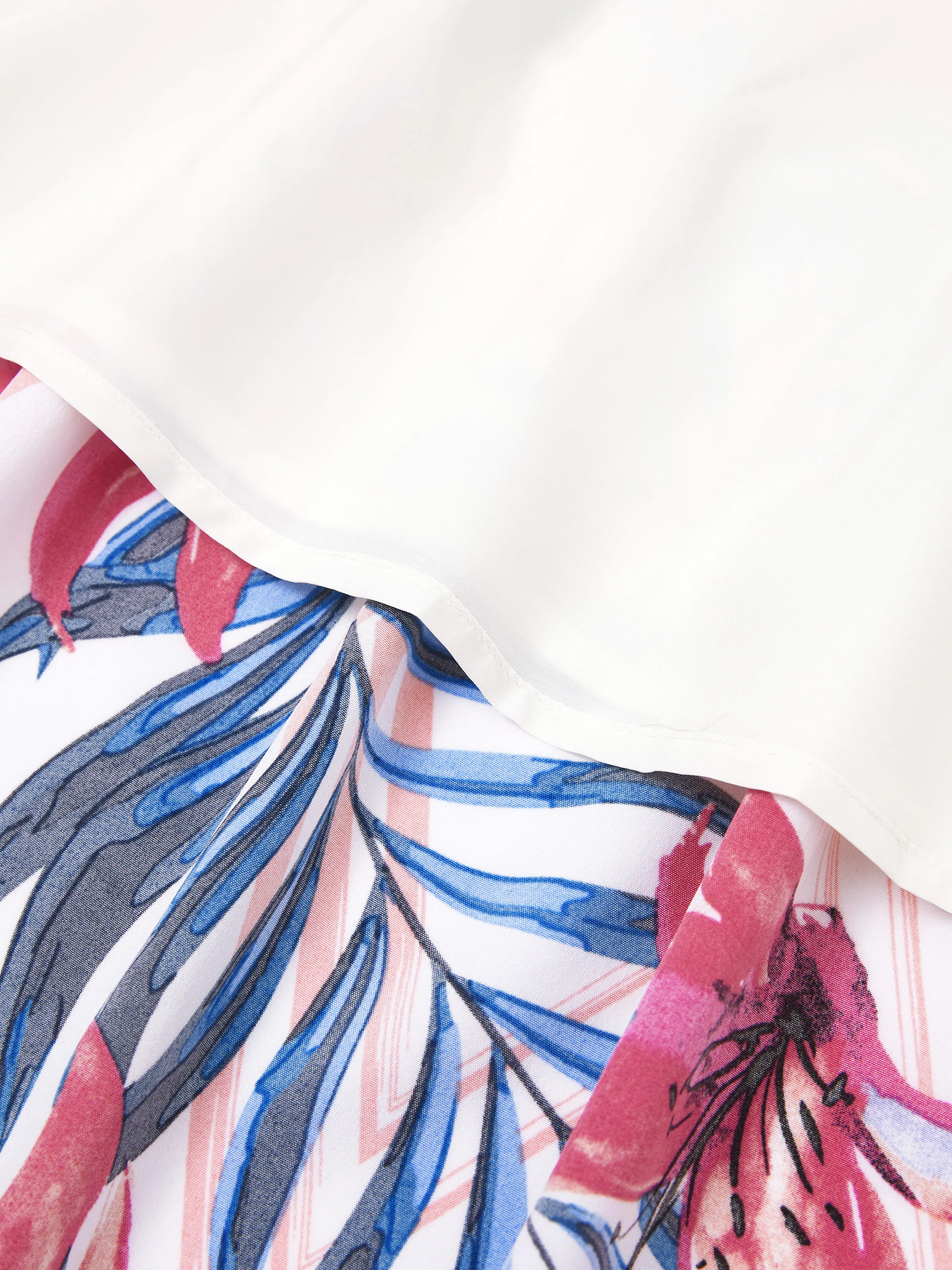 Tropical Floral Family Matching Outfits Pink Blue Leaf Print Short-sleeve Shirt or One Shoulder Smocked top and Skirt Co-ord Set for Vacation, Cruise, Beach White - Image 4