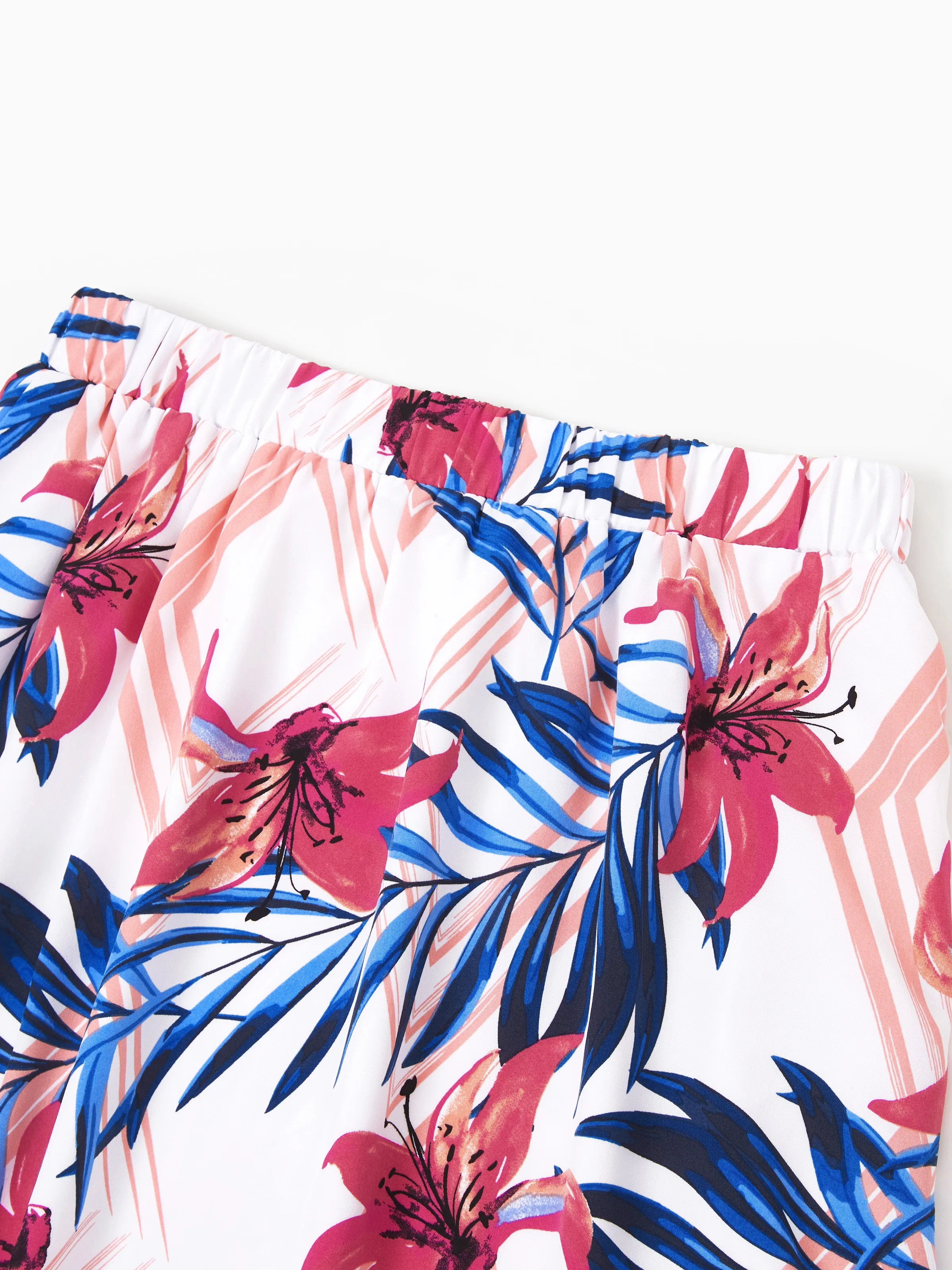 Tropical Floral Family Matching Outfits Pink Blue Leaf Print Short-sleeve Shirt or One Shoulder Smocked top and Skirt Co-ord Set for Vacation, Cruise, Beach White - Image 5