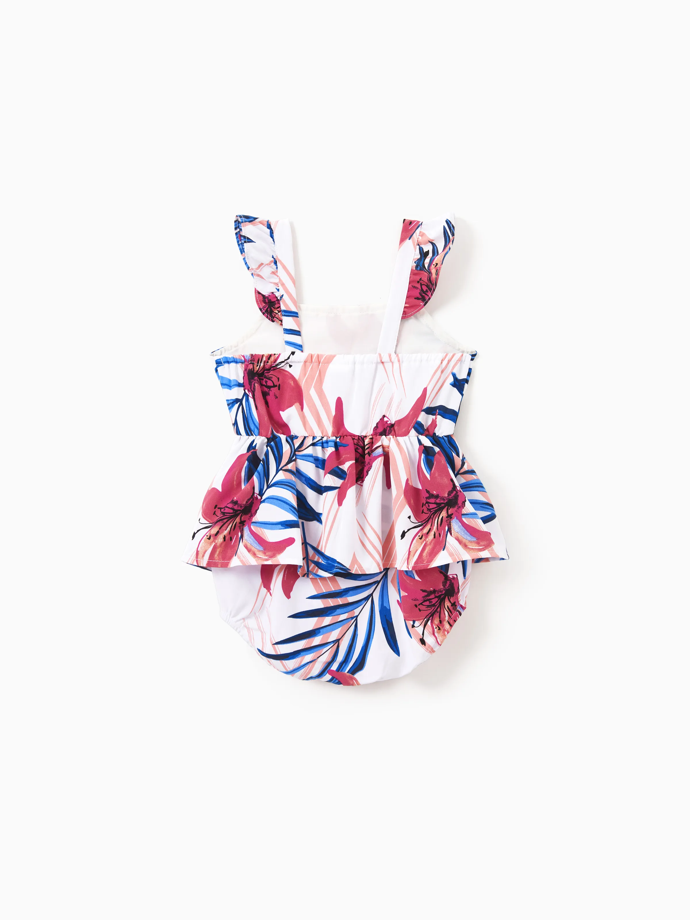 Mommy & me Tropical Floral Outfits Pink Blue Leaf Print Short-sleeve Shirt or One Shoulder Smocked top and Skirt Co-ord Set for Vacation, Cruise, Beach White - Image 14