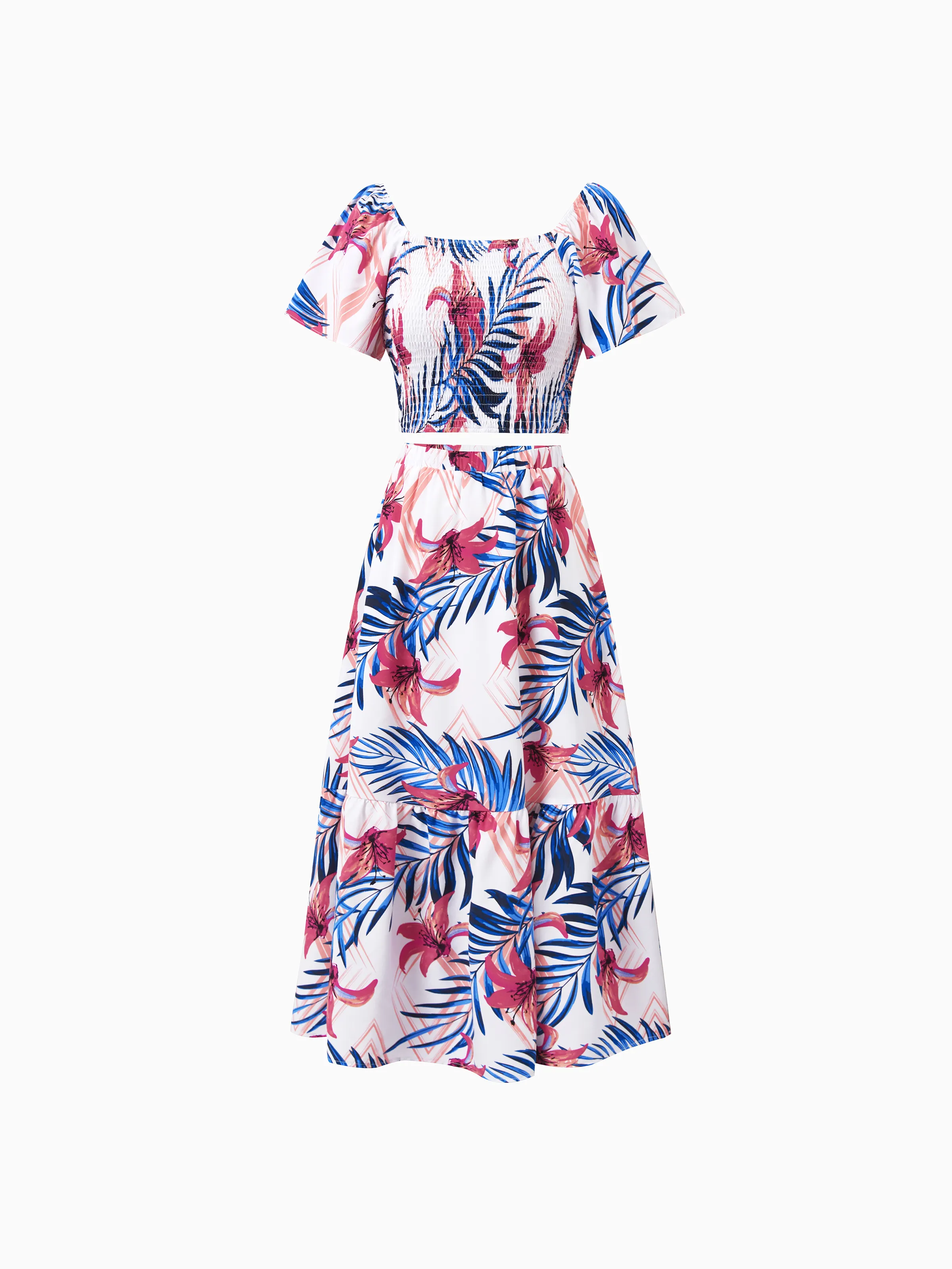 Mommy & me Tropical Floral Outfits Pink Blue Leaf Print Short-sleeve Shirt or One Shoulder Smocked top and Skirt Co-ord Set for Vacation, Cruise, Beach White - Image 3