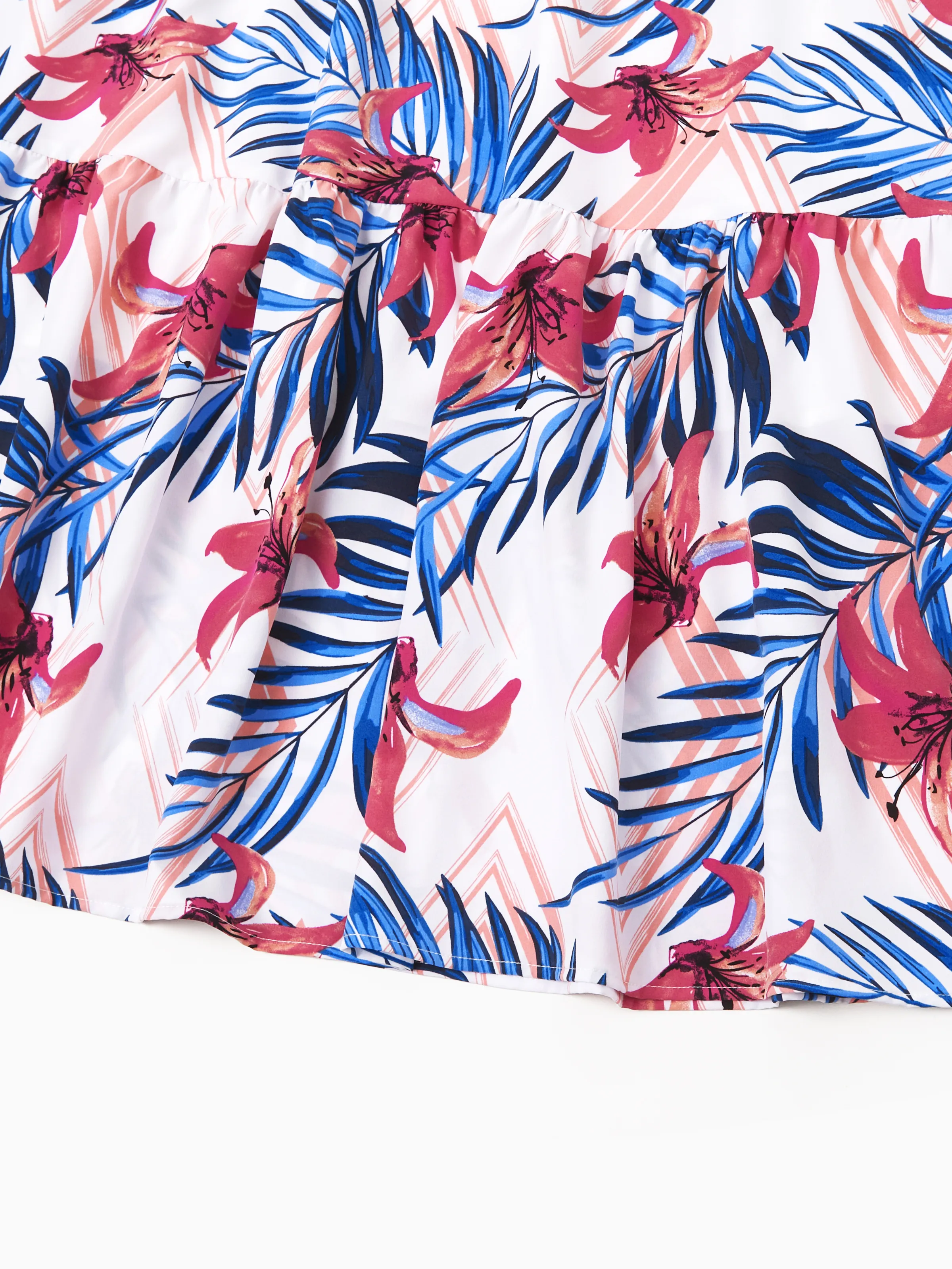 Mommy & me Tropical Floral Outfits Pink Blue Leaf Print Short-sleeve Shirt or One Shoulder Smocked top and Skirt Co-ord Set for Vacation, Cruise, Beach White - Image 7