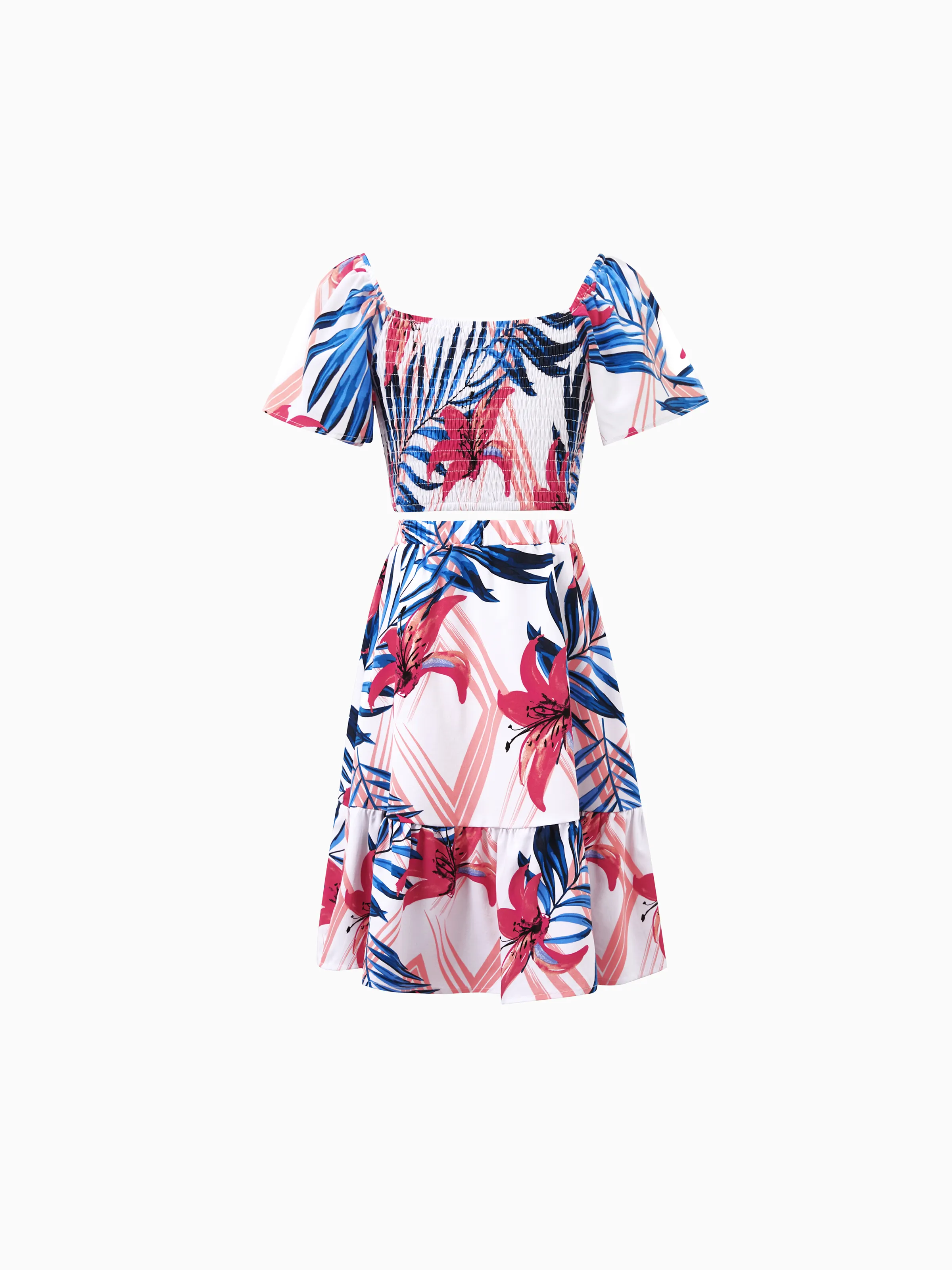 Mommy & me Tropical Floral Outfits Pink Blue Leaf Print Short-sleeve Shirt or One Shoulder Smocked top and Skirt Co-ord Set for Vacation, Cruise, Beach White - Image 8