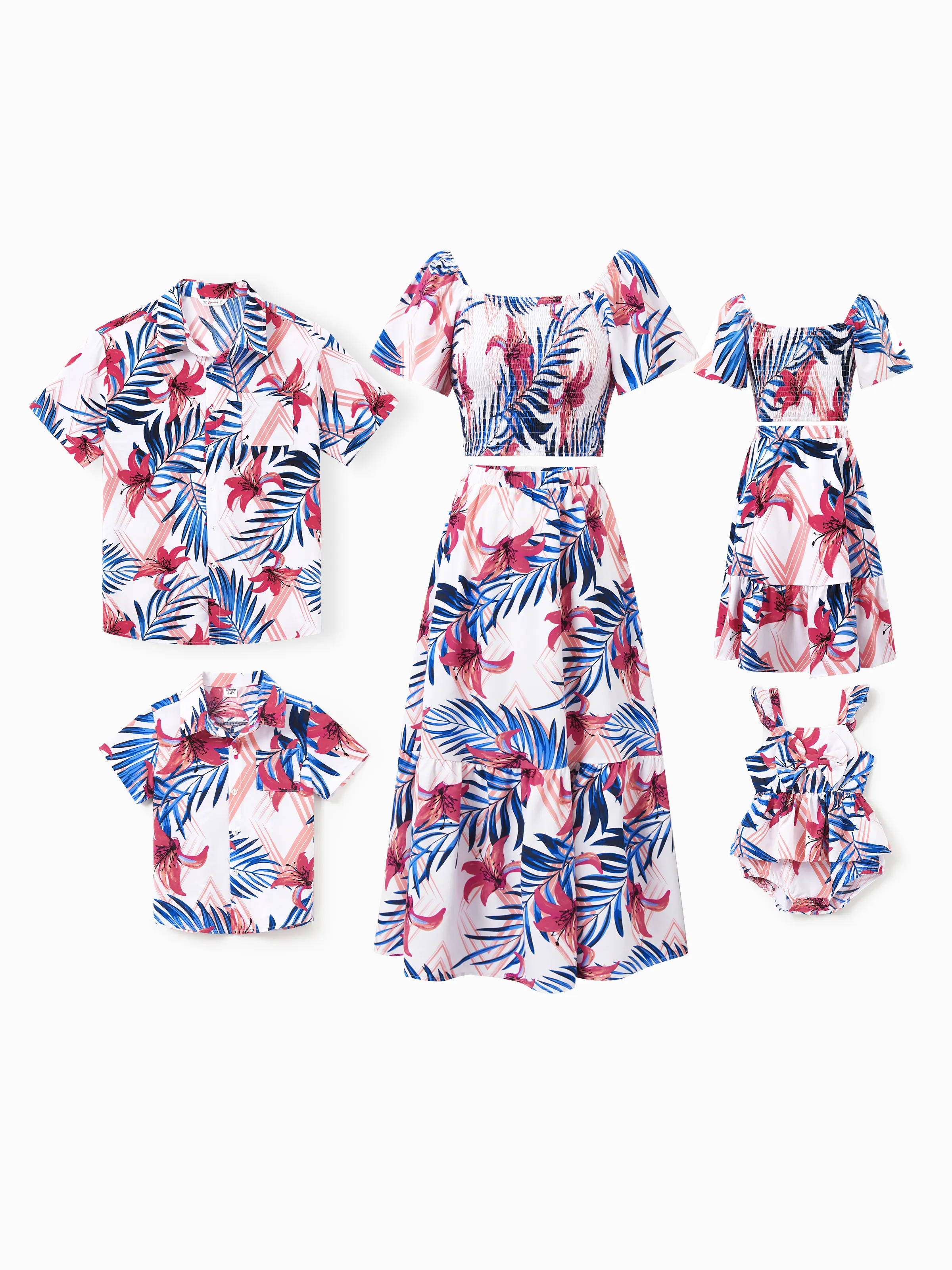 Tropical Floral Toddler/Kid Girl Outfits Pink Blue Leaf Print Short-sleeve Shirt or One Shoulder Smocked top and Skirt Co-ord Set for Vacation, Cruise, Beach White - Image 2