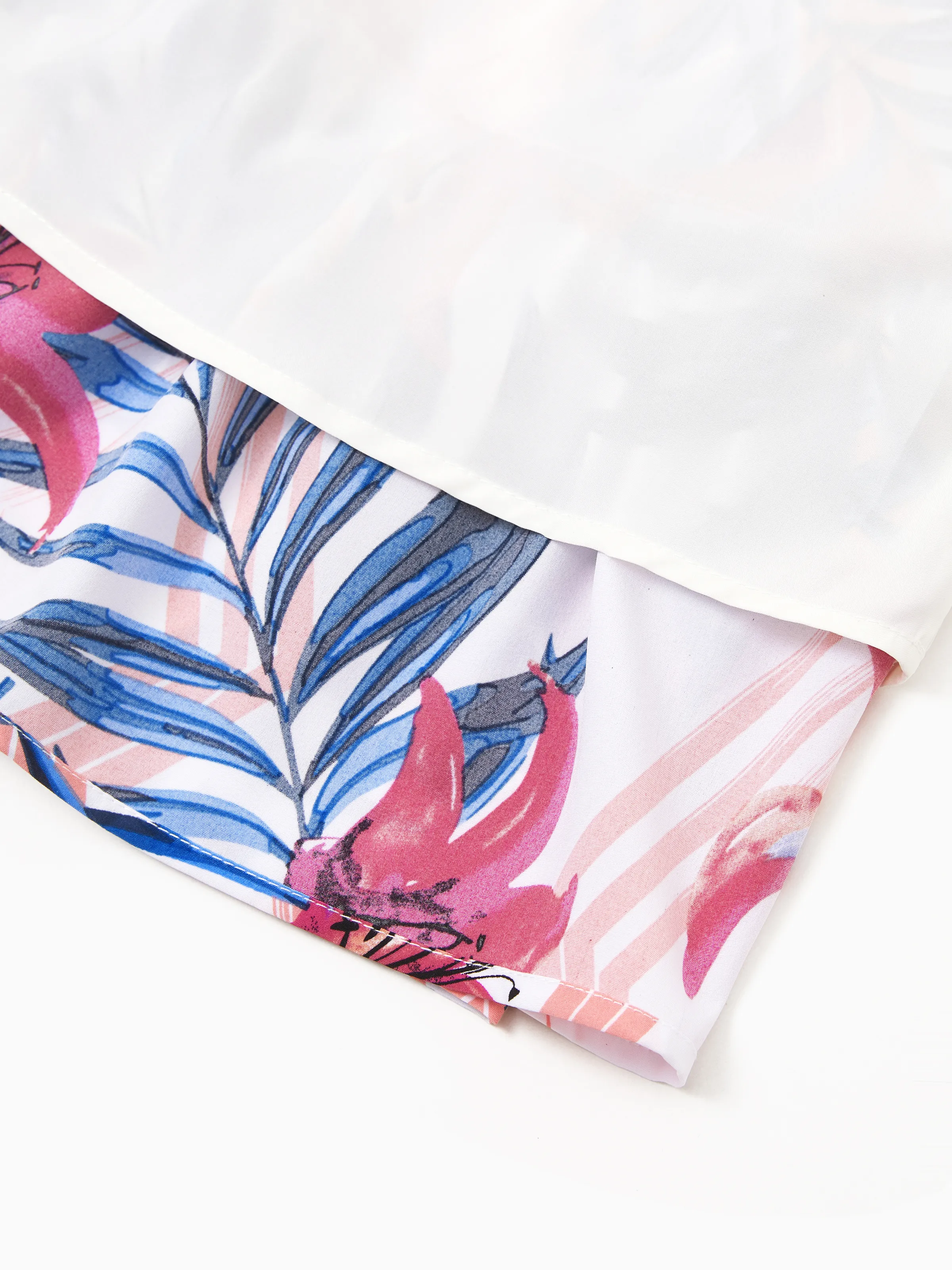 Tropical Floral Toddler/Kid Girl Outfits Pink Blue Leaf Print Short-sleeve Shirt or One Shoulder Smocked top and Skirt Co-ord Set for Vacation, Cruise, Beach White - Image 4