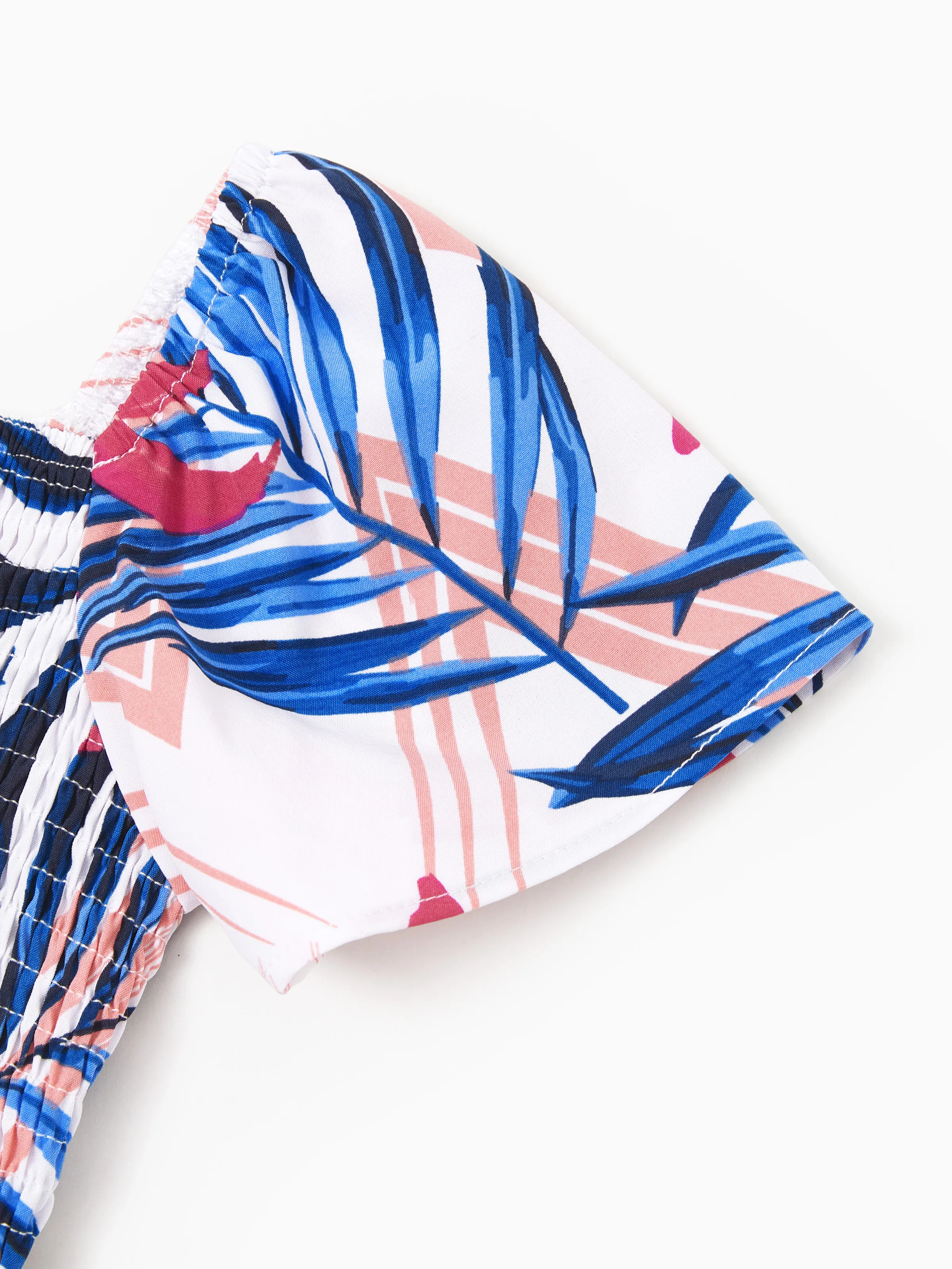 Tropical Floral Toddler/Kid Girl Outfits Pink Blue Leaf Print Short-sleeve Shirt or One Shoulder Smocked top and Skirt Co-ord Set for Vacation, Cruise, Beach White - Image 6